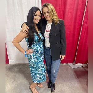 Nina Leonard Blue & White Surplice Culotte Crop Jumpsuit Size M Celebrity Meet